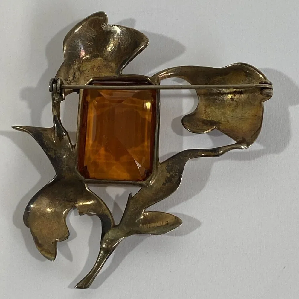 Antique Large Sterling Silver & Topaz Glass Brooch Art Nouveau Estate 2 3/8”